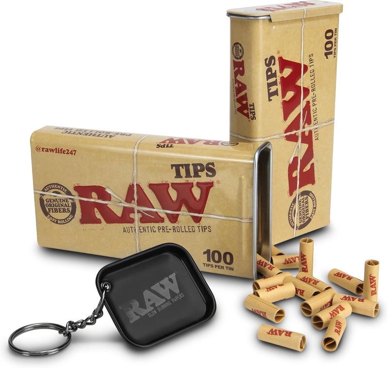 Raw Pre-Rolled Tips with Storage Tin - 200 Tips & Limited Edition Black Matte Keychain - Slow Burning & Convenient for Rolling on The Go - Image 1